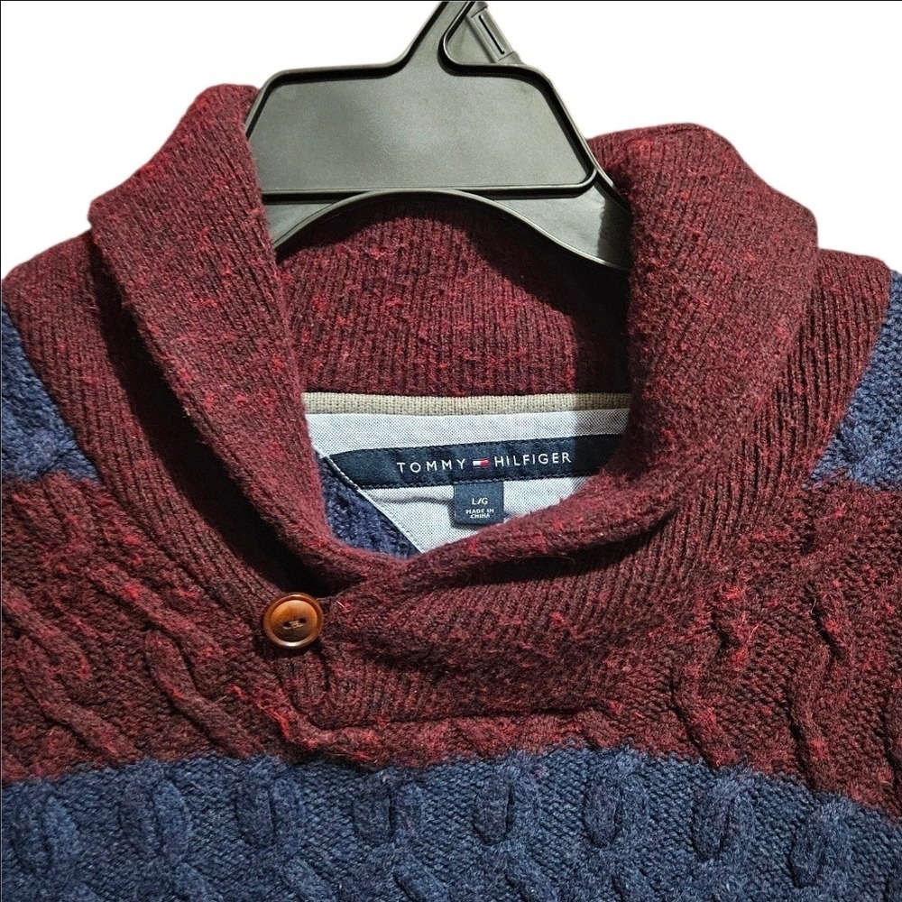 Tommy Hilfiger Mens Cable Knit Shawl Collar Striped Sweater Burgundy Blue Large - Picture 4 of 9